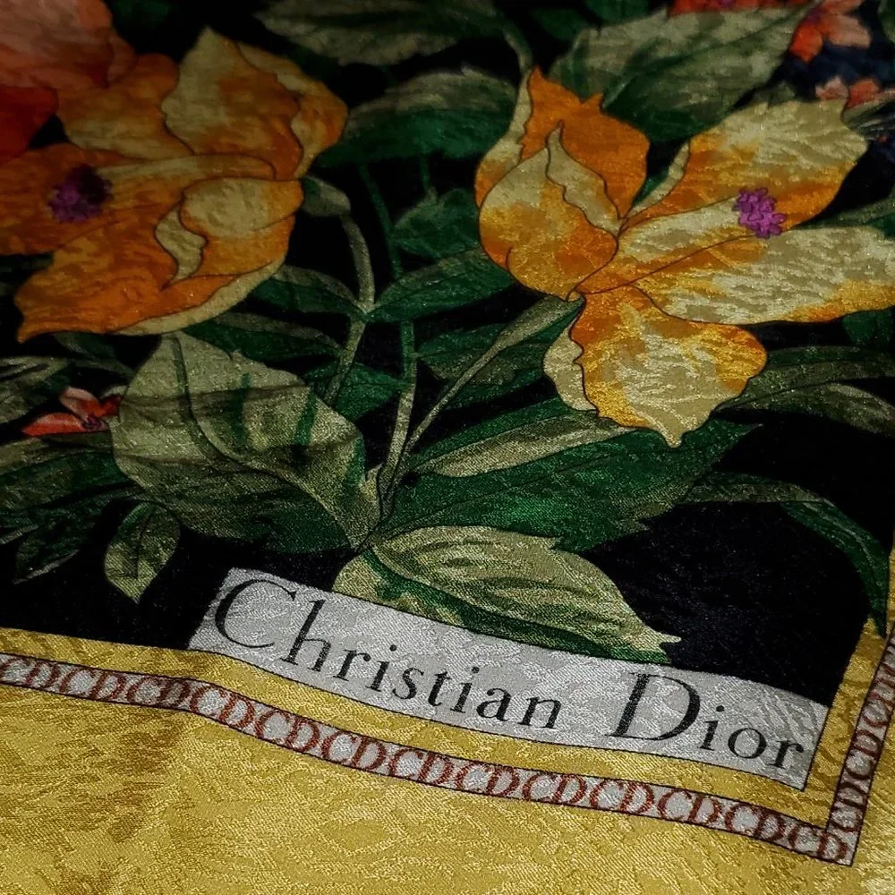 Authentic Vintage Christian Dior 100% Silk Scarf - Yellow, Black Panther, Floral